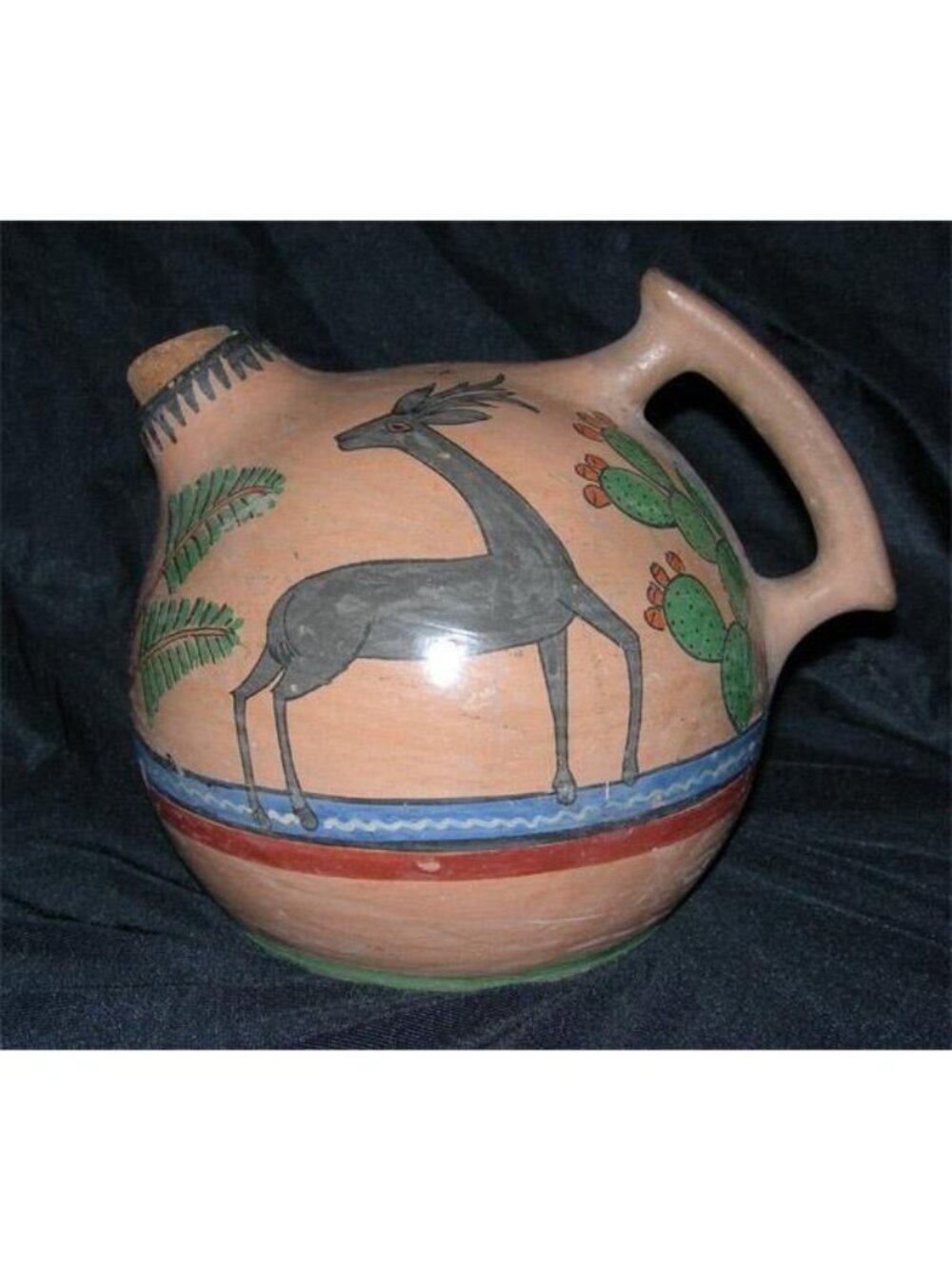 Vintage Tonala Master Artisan Burnished Pottery Miniature Canteen Deer 4"